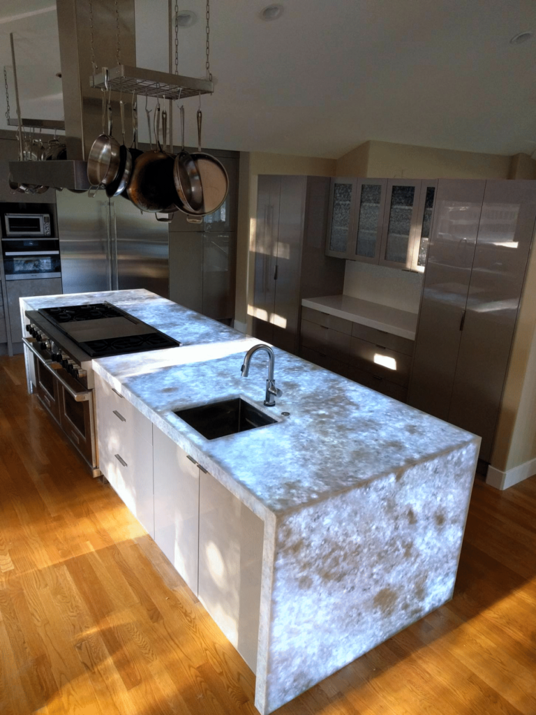 Additional full view of kitchen with illuminated Quartzite island backlit with SLABlites